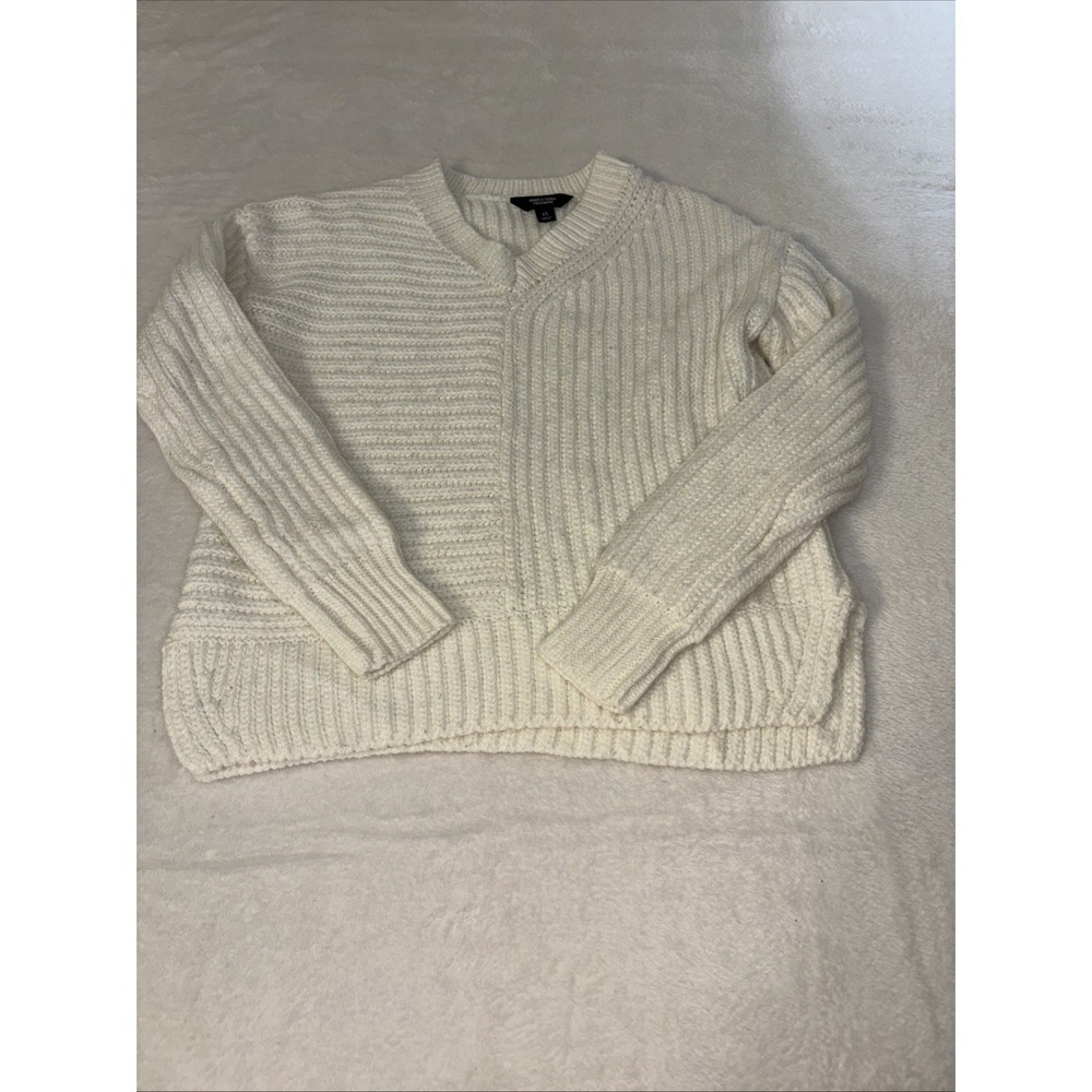 Simply Vera Vera Wang XS Ivory Chunky Rib Knit V Neck Sweater Women's